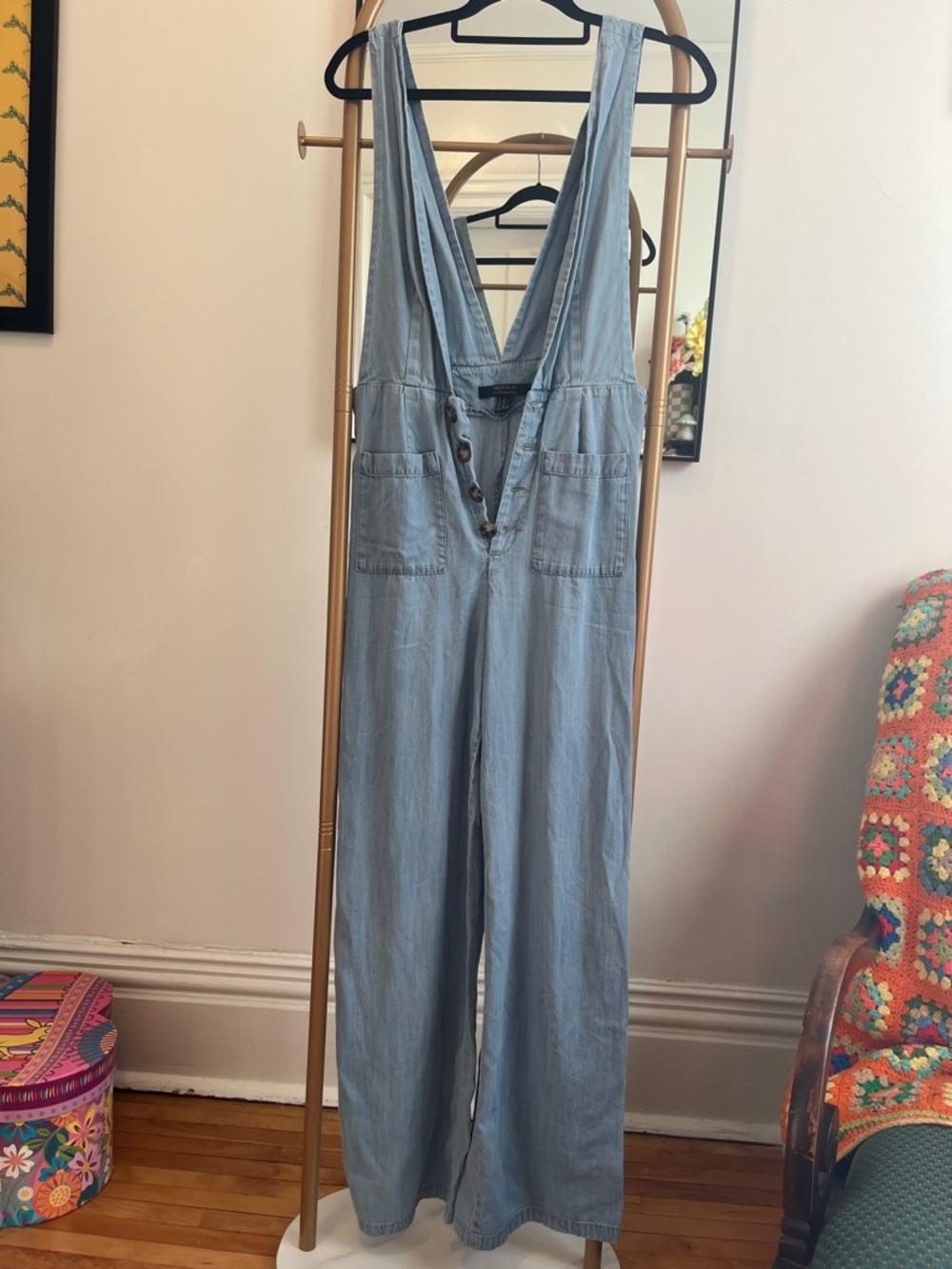 Forever 21 Light Wash Denim Straight Leg Overalls